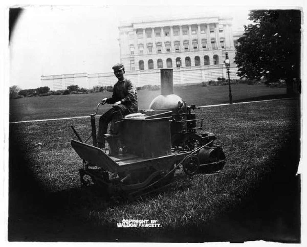 The Capitol lawn was mowed by a steam-powered lawnmower way back in 1903: