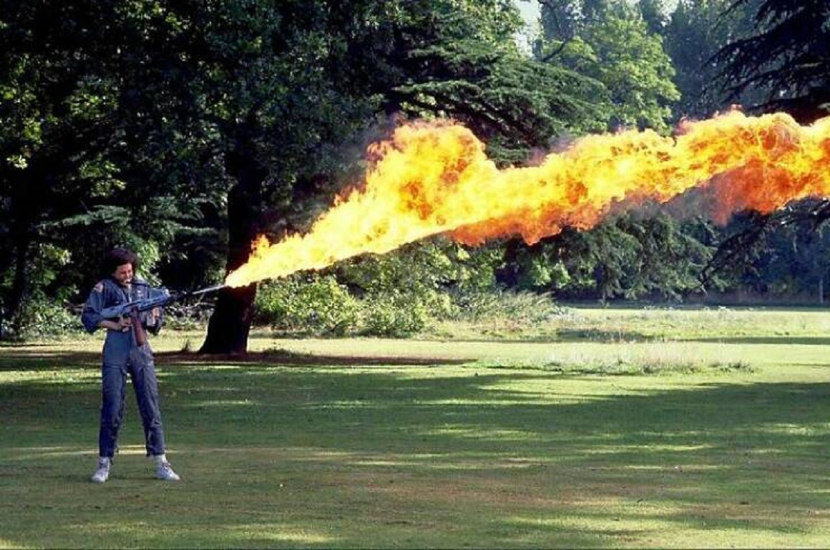 "Sigourney Weaver Testing Out A Flamethrower While Filming Alien"