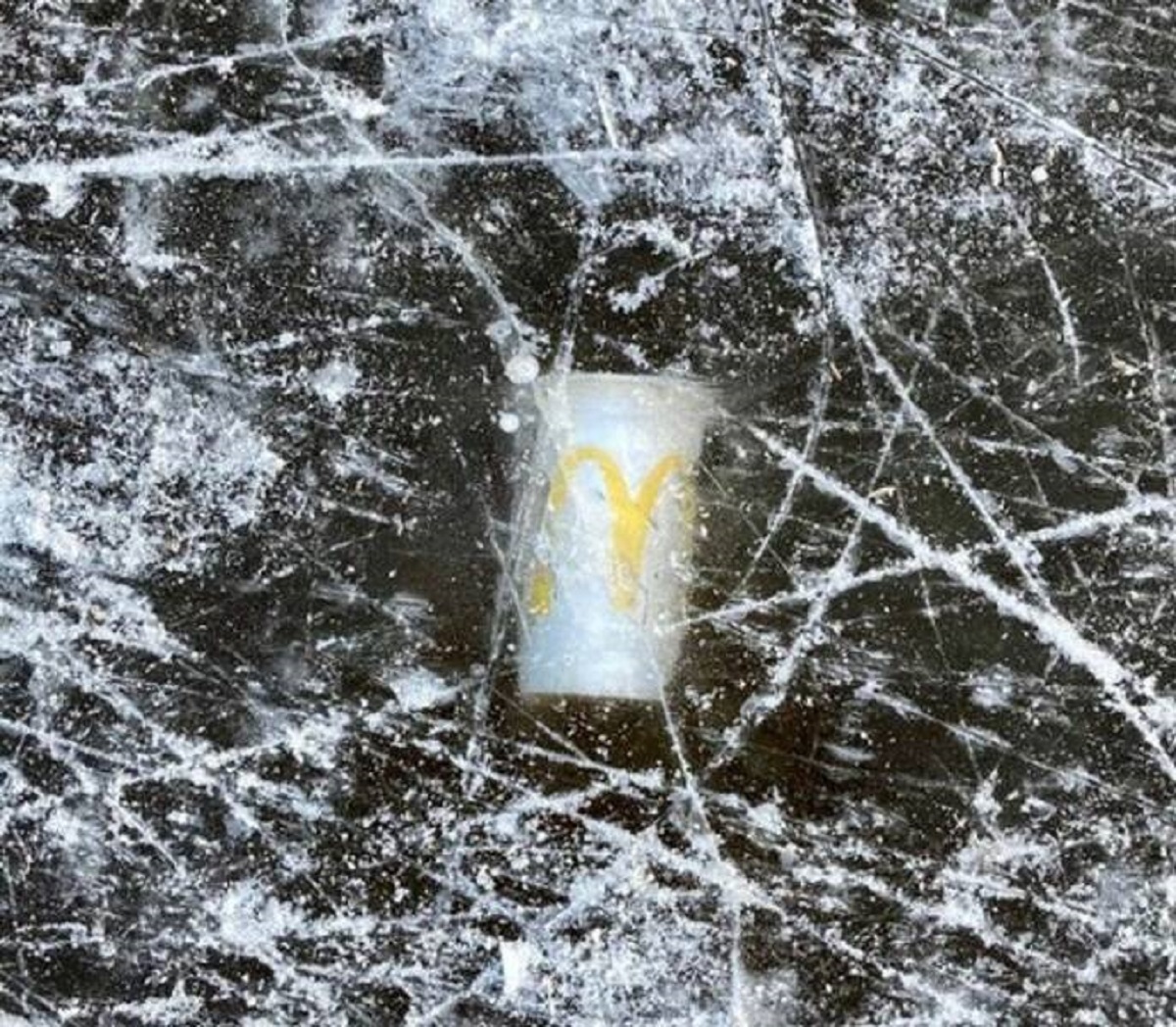 “Found this McDonald’s cup in the ice I was skating on.”