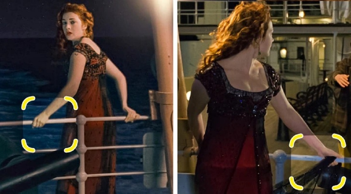 In Titanic, Rose is not holding onto her dress in one shot, but in the next one, she is.