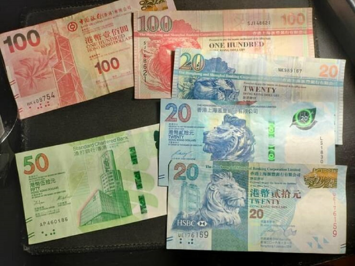 "Banks in Hong Kong are allowed to print their own money. There are 8 distinct currency designs currently in circulation (5 depicted)."