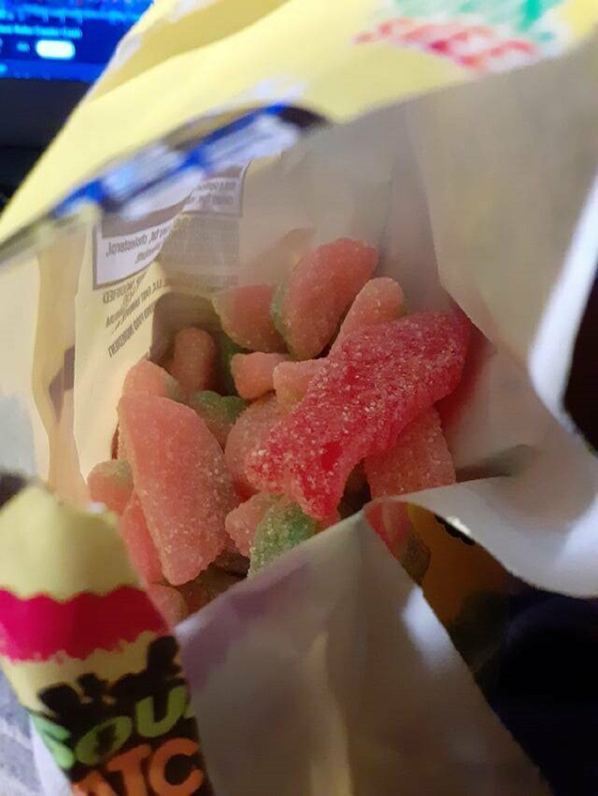 "I got a single Swedish fish in my bag of sour patch kids watermelons."