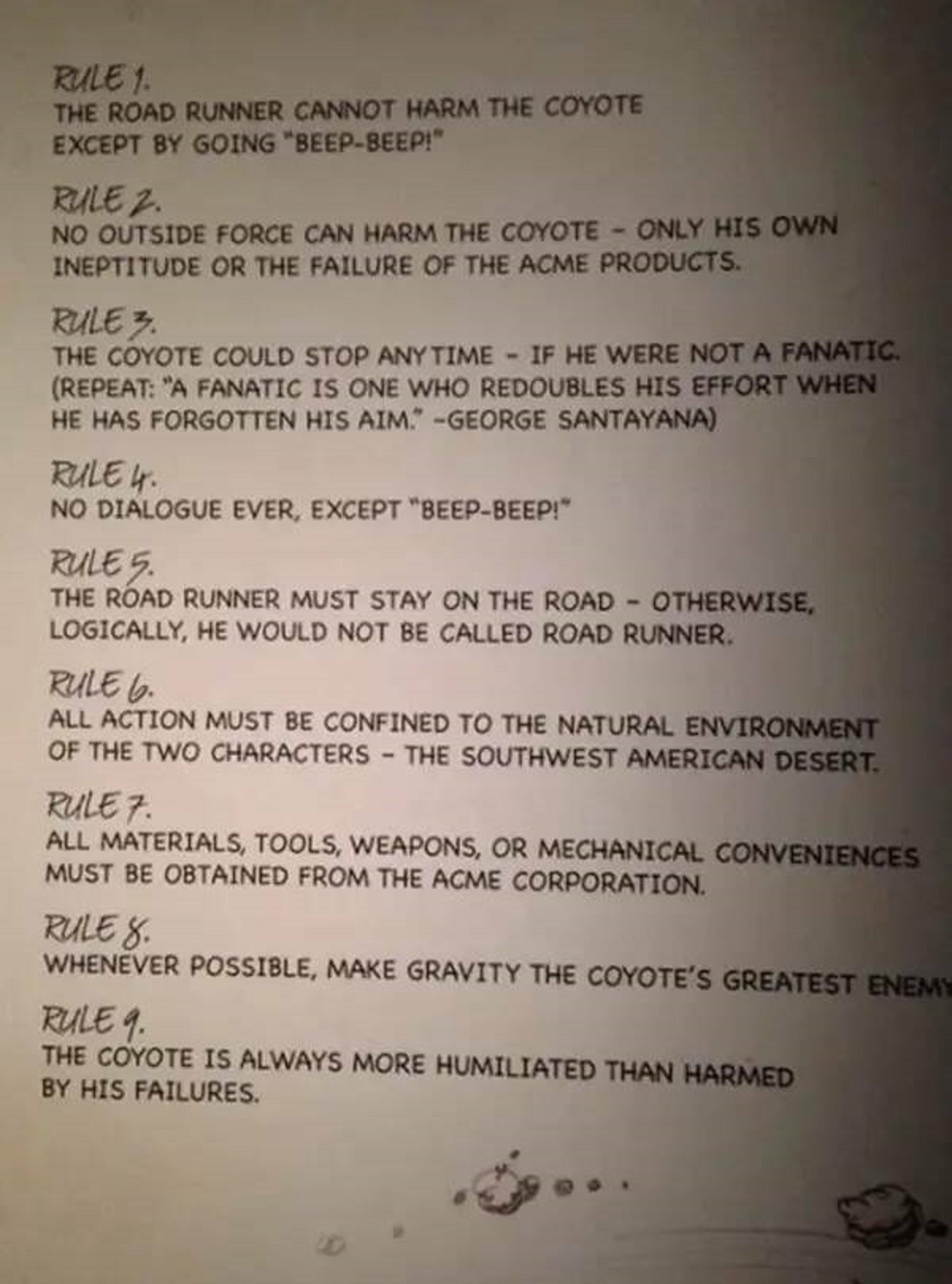 "Here are the rules for writing Wile E. Coyote and Road Runner shorts, straight from creator, Chuck Jones."