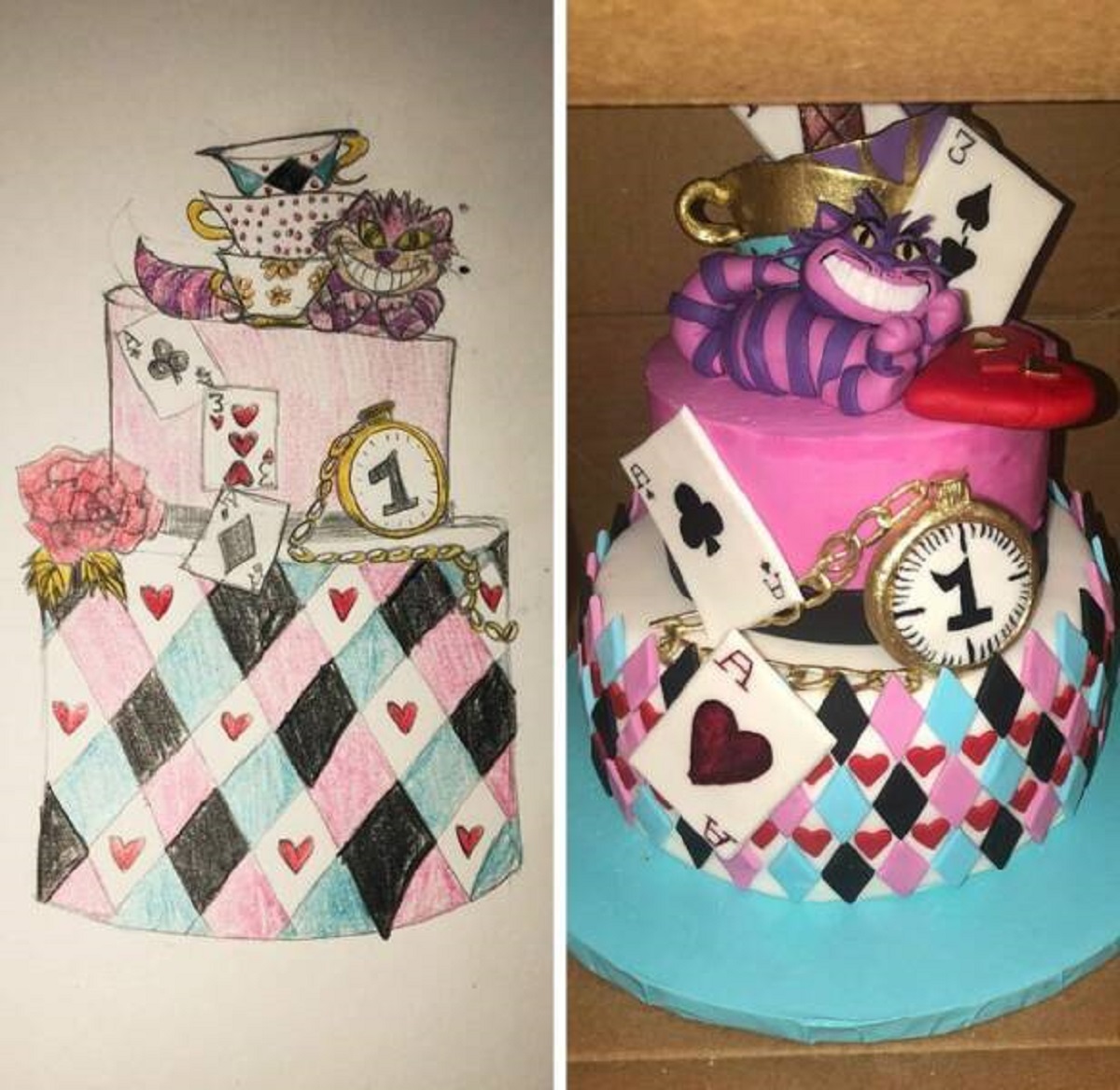 “My sketch of a cake I wanted to make vs The reality!”