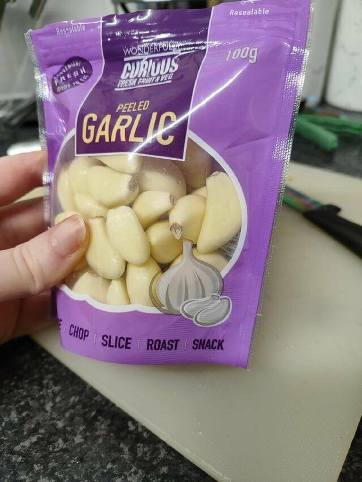 "My peeled garlic suggests eating it as a snack"