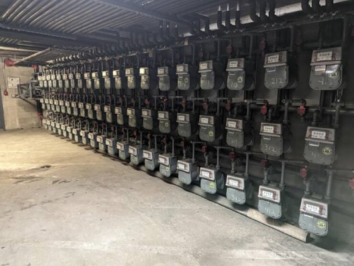 "Utility meters in an apartment building"