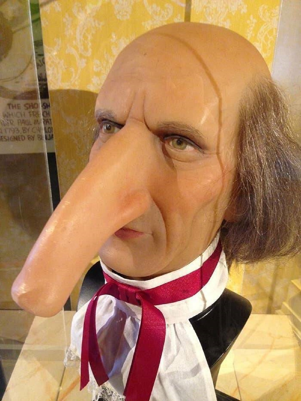 This is a wax sculpture of Thomas Wedders, the man whose 7.5-inch nose was apparently the largest nose in history.