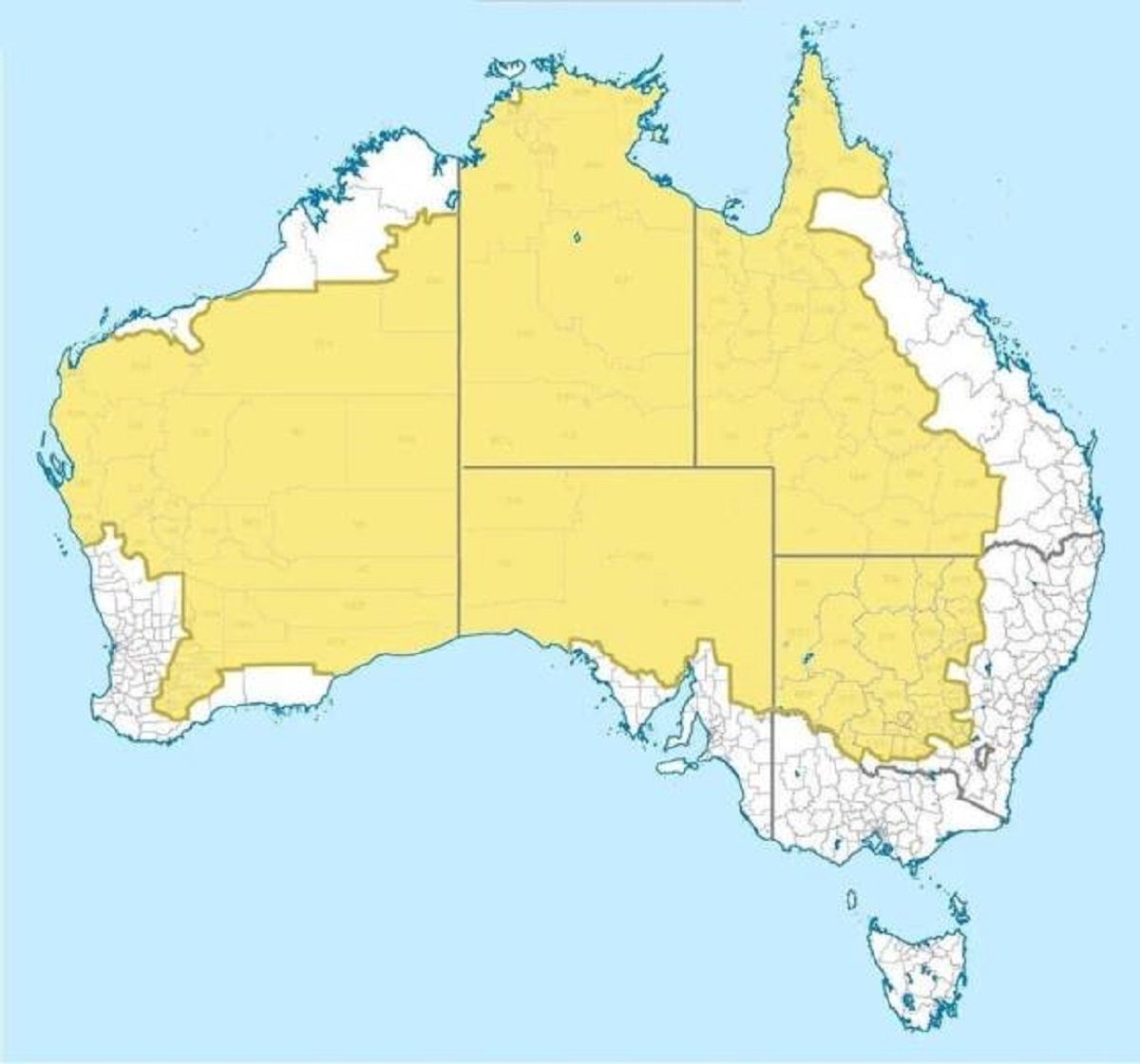 Despite making up the vast majority of the country, only 2% of the Australian population lives inside the yellow highlight on this map.