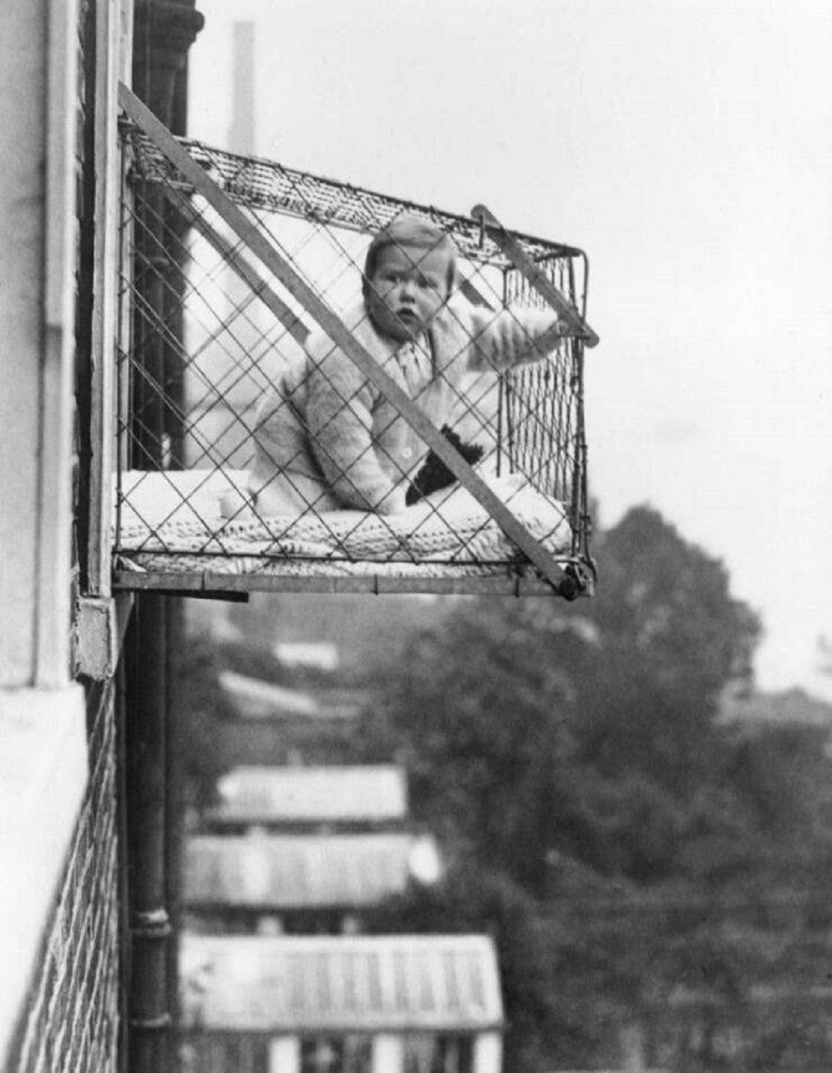 This totally safe device was known as a baby cage; a wire cage suspended out of an apartment window meant to give babies extra light and air in cities.