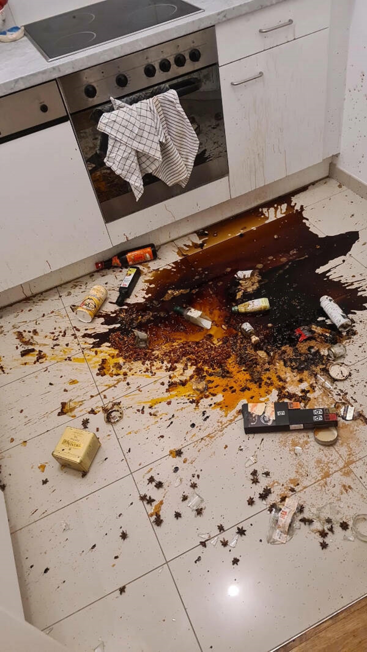 “I was getting ready for bed when suddenly my spice rack decided to fly off the wall. Now my whole apartment smells of Vinegar”