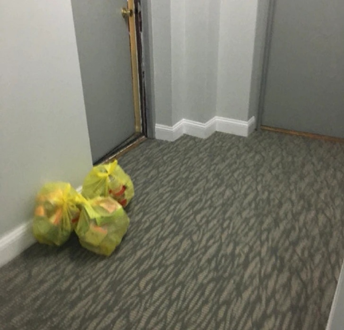 “My neighbor leaves his trash outside his door (the one that’s slightly open). He won’t throw it out until he overhears complaints.”