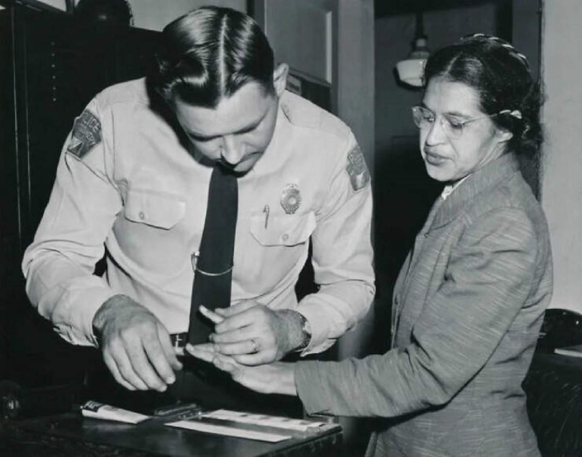 "Rosa Parks Being Indicted, 1956"

"Rosa Parks being fingerprinted by Lieutenant D. H. Lackey as one of the people indicted as leaders of the Montgomery bus boycott on February 22, 1956. She was one of 73 people rounded up by deputies that day after a grand jury charged 113 African Americans for organizing the boycott"