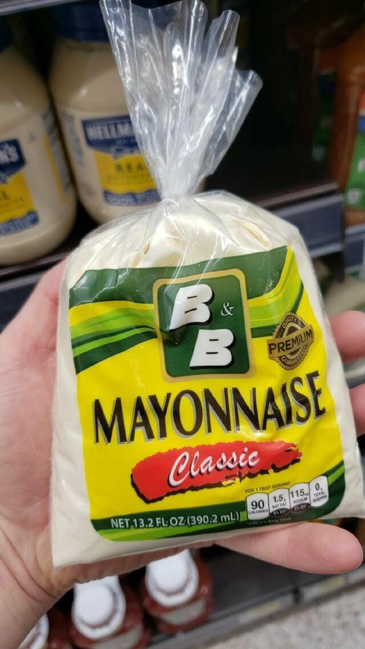 "My local supermarket (US) sells mayonnaise in bags"