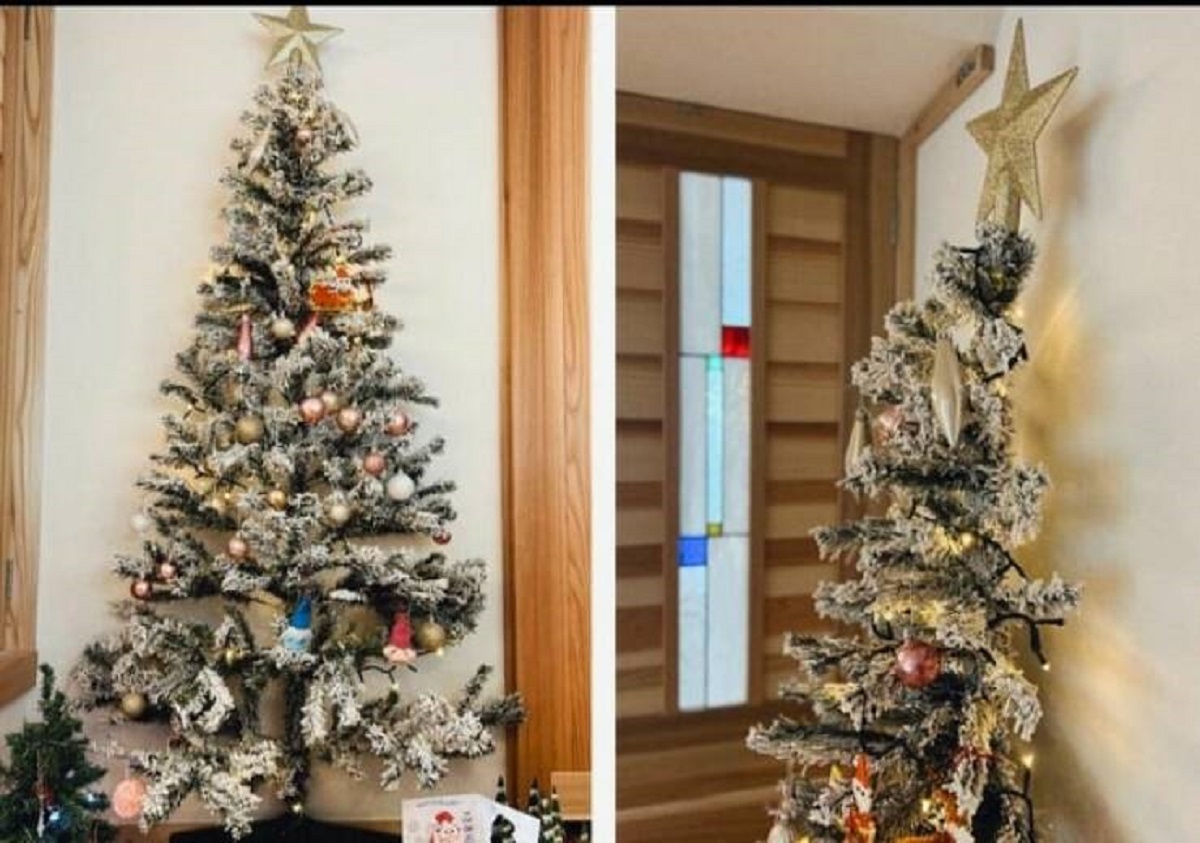 "Half Christmas tree in a Japanese compact house."