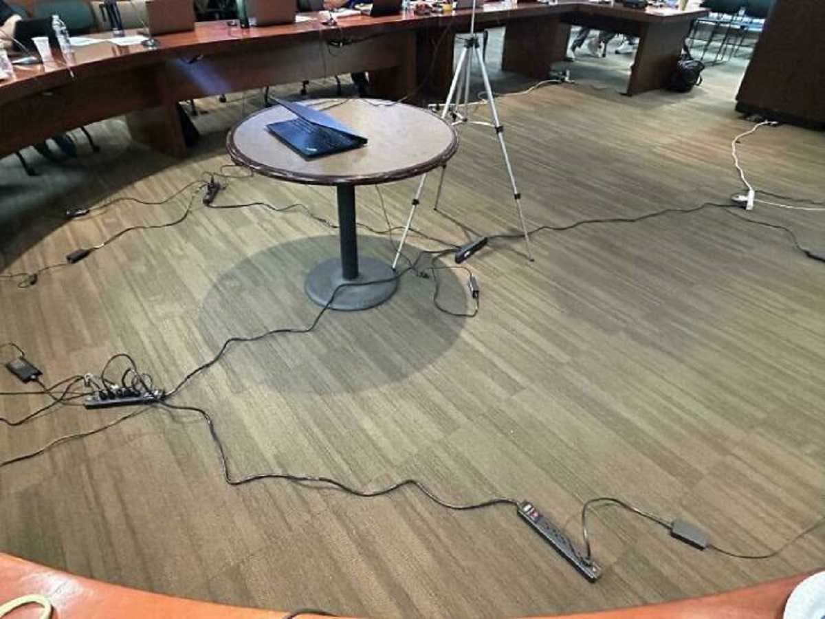 "This Power Strip Chain Powering Conference Room Users"