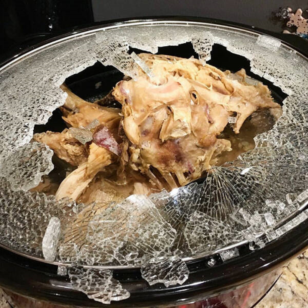 "Last Night, We Put Our Turkey Carcass In Water In Our Crockpot Slow Cooker To Make Stock. Later In The Evening, The Glass Lid Spontaneously Shattered"