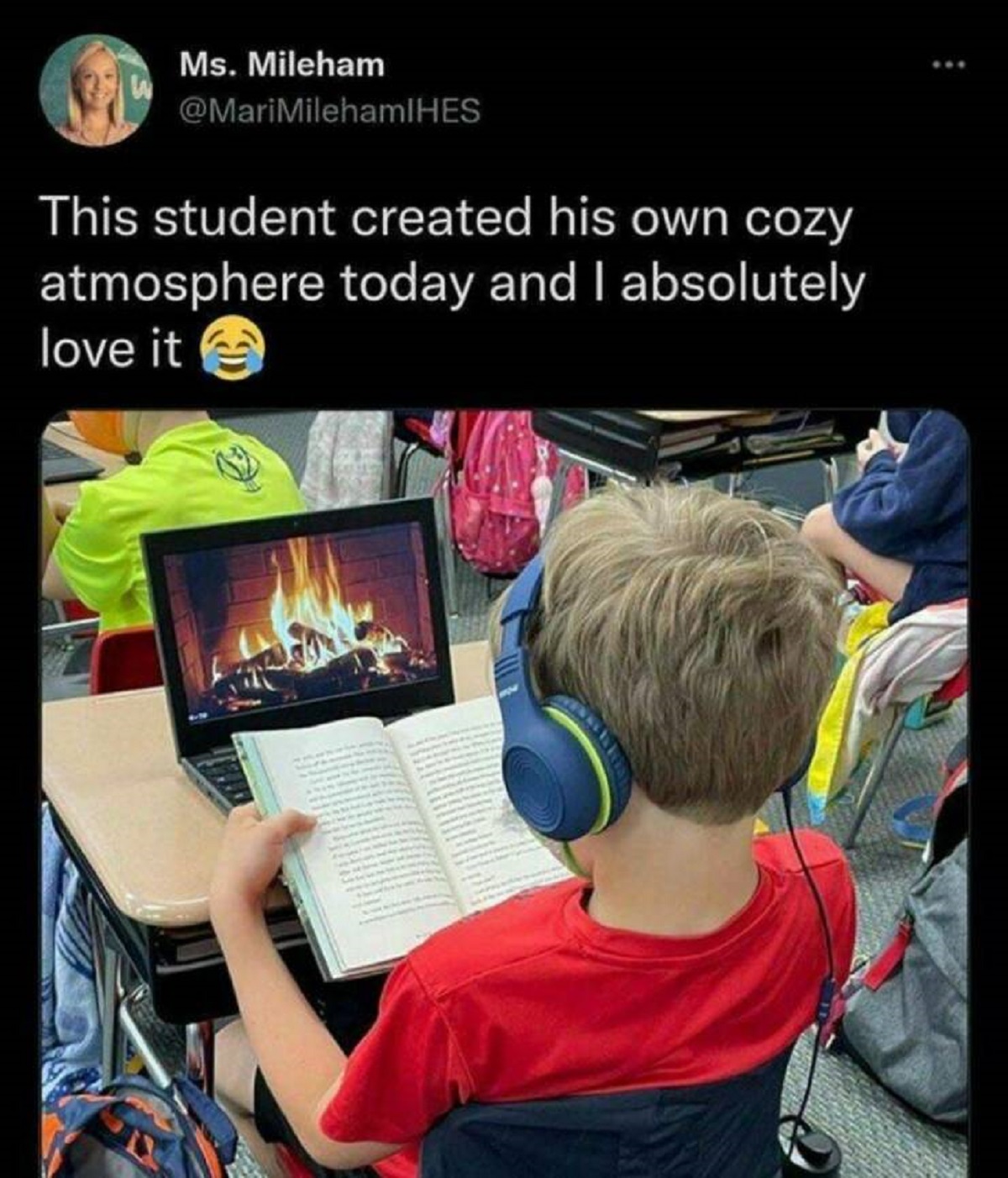 meme kid fireplace laptop reading - Ms. Mileham This student created his own cozy atmosphere today and I absolutely love it