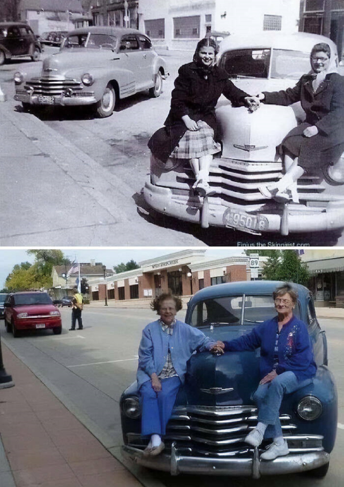 "Sitting On Their 1947 Chevrolet Olin Front Of A Diner, And Then 63 Years Later"