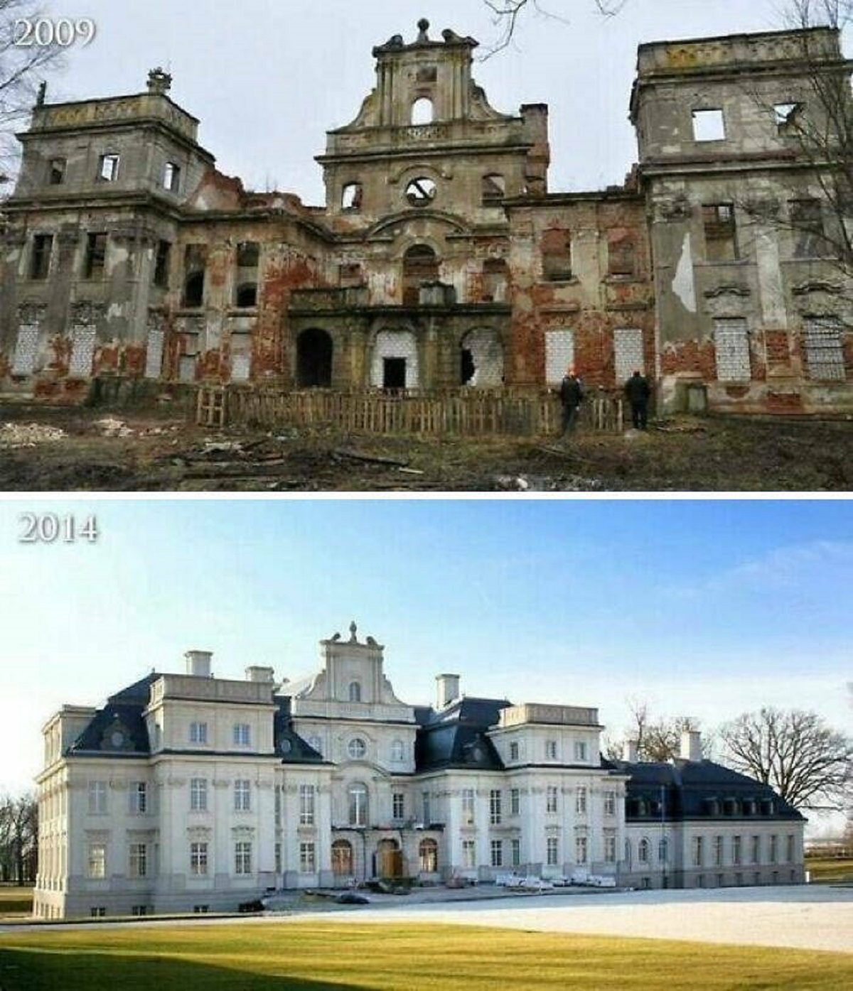 "Chróstnik Palace 2009 vs. 2021. Chróstnik, Lubin County, Poland"