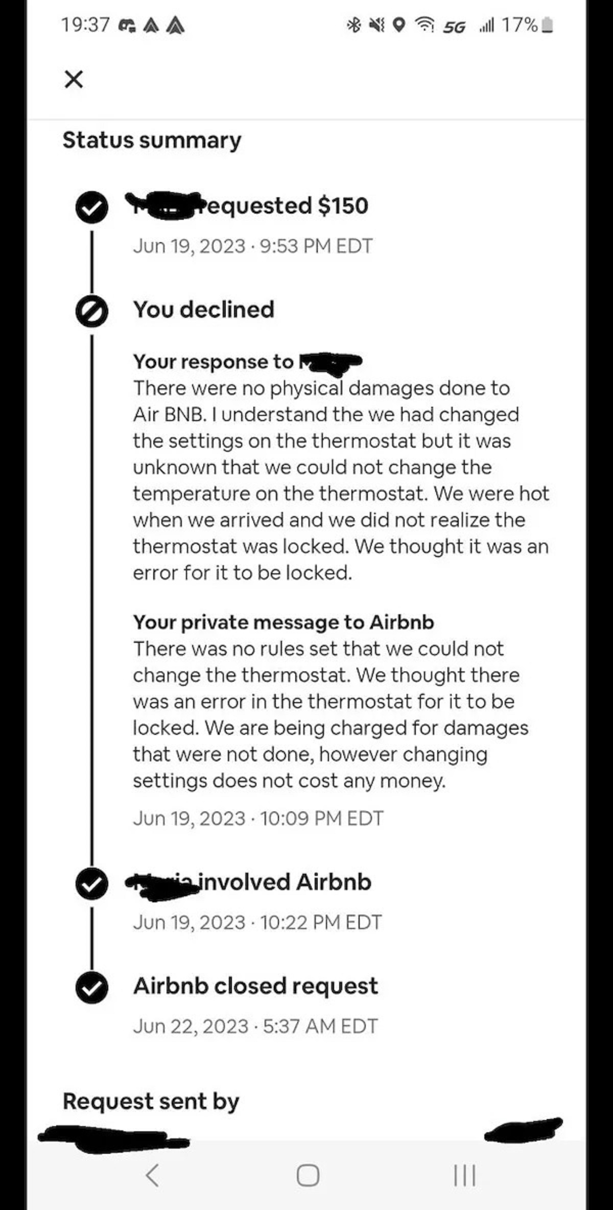 Airbnb host tried to charge us for changing settings on a thermostat
