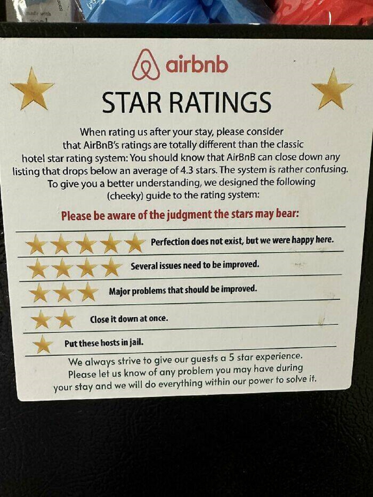 fascinating photos - airbnb Star Ratings When rating us after your stay, please consider that AirBnB's ratings are totally different than the classic hotel star rating system You should know that AirBnB can close down any listing that drops below an avera