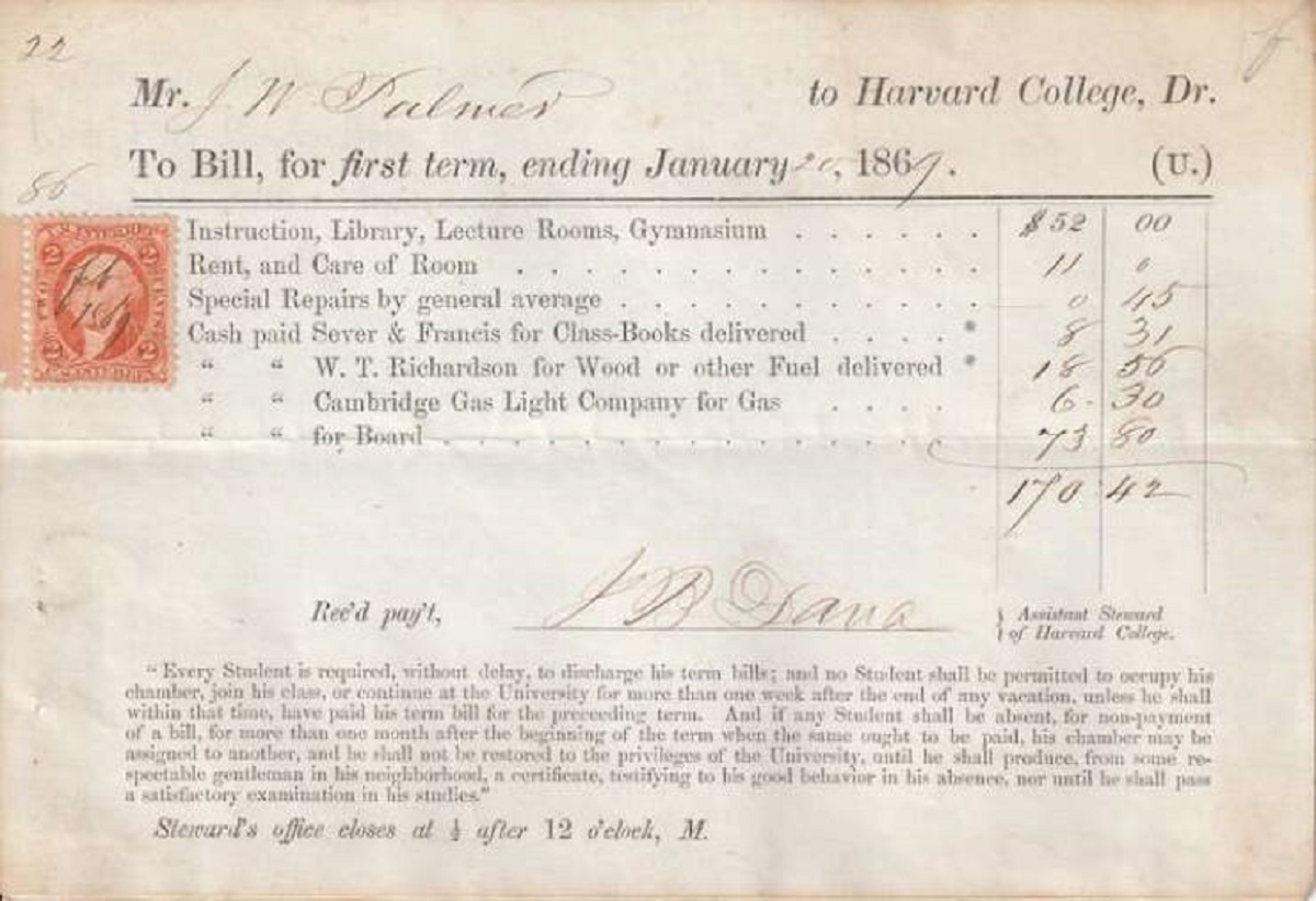 paper - 22 Mr. J. N. Falmer To Bill, for first term, ending . www. Instruction, Library, Lecture Rooms, Gymnasium Rent, and Care of Room Special Repairs by general average Cash paid Sever & Francis for ClassBooks delivered 46 to Harvard College, Dr. U. W.