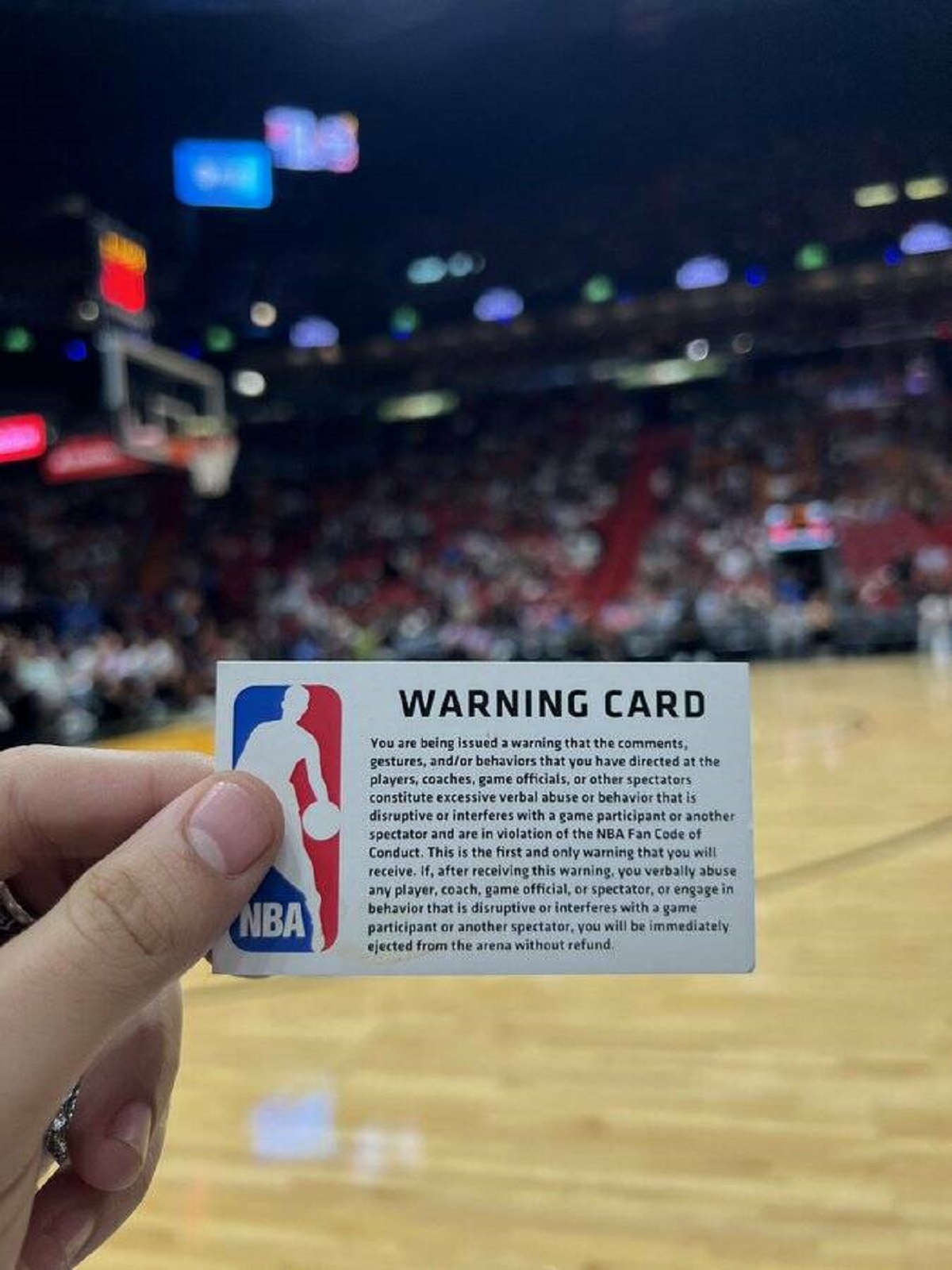 nba fan warning card - Nba Warning Card You are being issued a warning that the , gestures, andor behaviors that you have directed at the players, coaches, game officials, or other spectators constitute excessive verbal abuse or behavior that is disruptiv