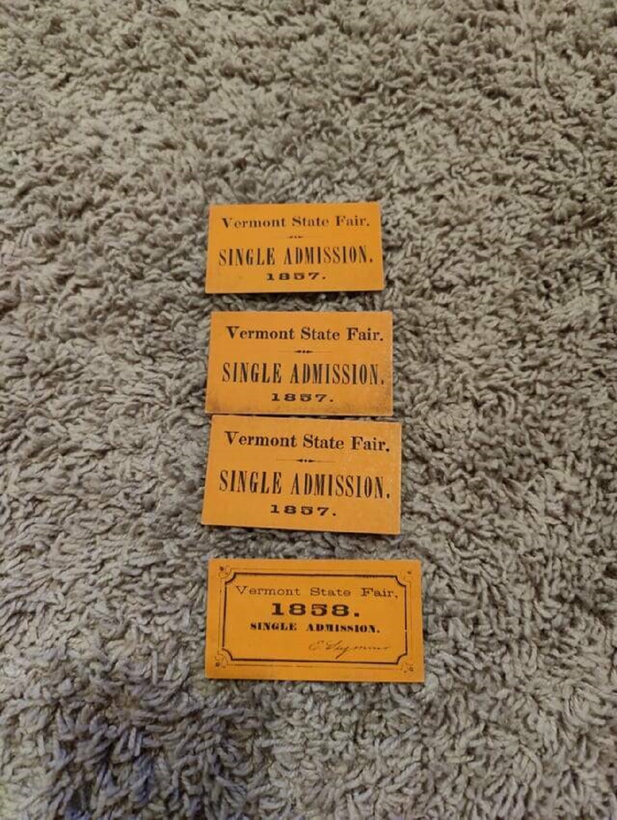 "Tickets to the Vermont State Fair from 1857 and 1858 that I have"