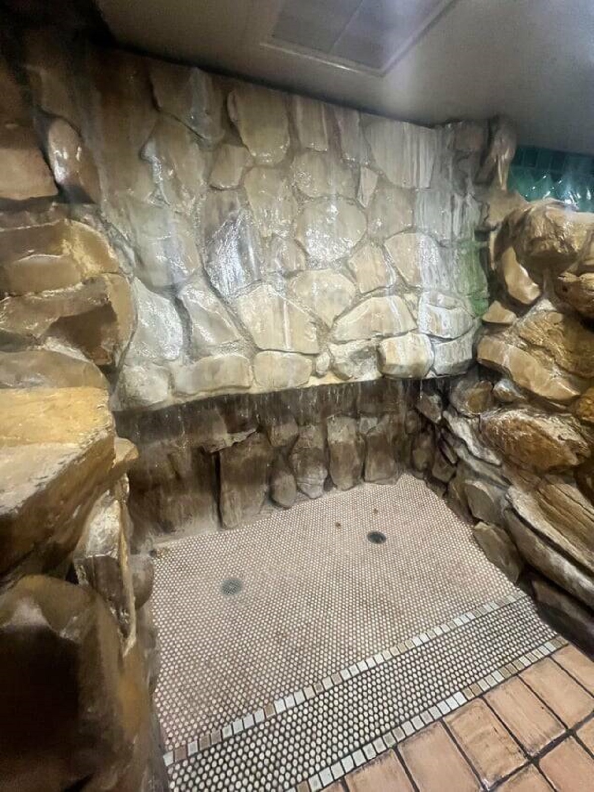 "The Men’s urinal at The Madonna Inn. A sensor triggers when you start peeing and water falls along the wall and flushes down the drain"