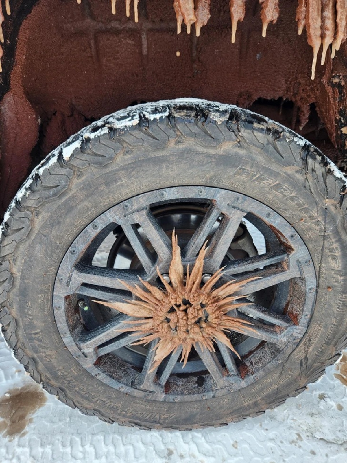 “My tire after driving 5 hours on icy roads through New Mexico”