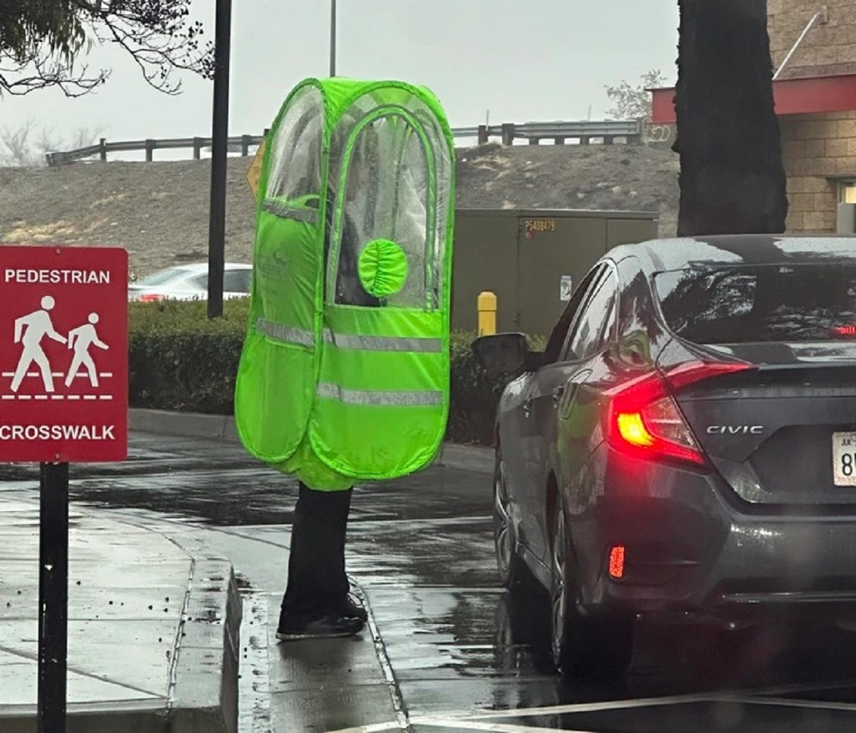 “This drive-thru worker’s shelter on a rainy day”