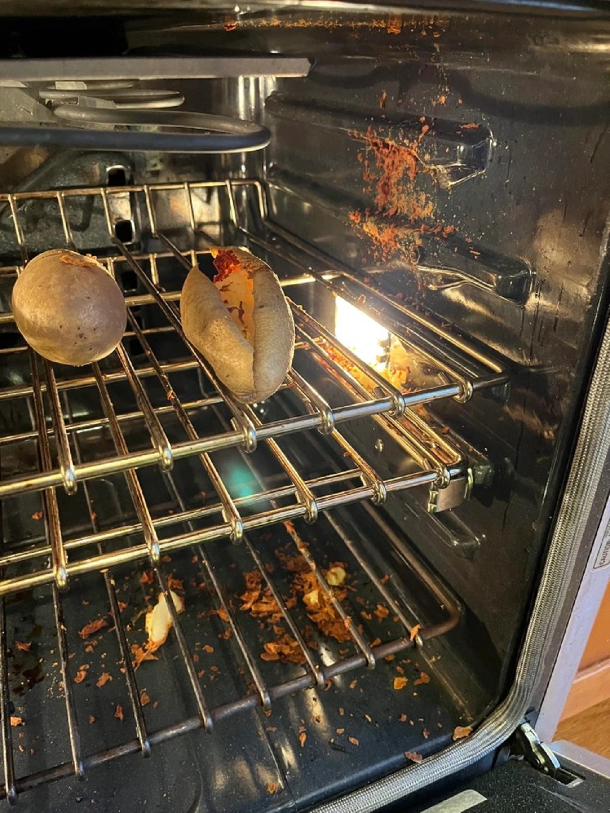 The potato burst open while cooking.
