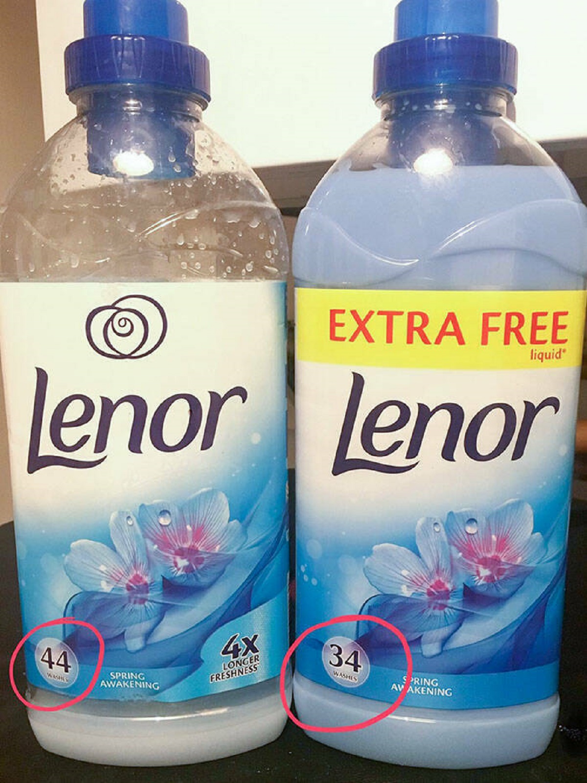 "Fabric Softener Says Extra For Free. The Same Size As The Old Bottle Actually Does 25% Less Washes"