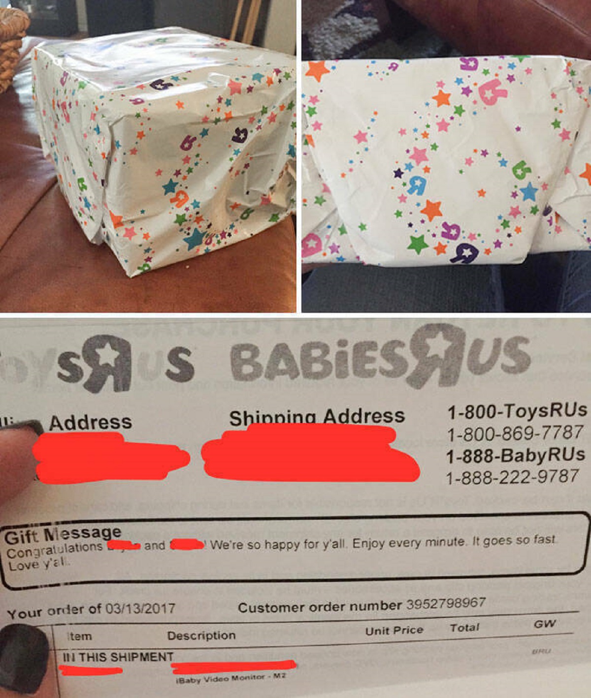 "I Ordered A Baby Shower Gift For A Friend From Babies R Us And Paid An Extra $5 For A Gift Wrap With A Gift Message. Gift Message Printed On Invoice With Contents Listed"