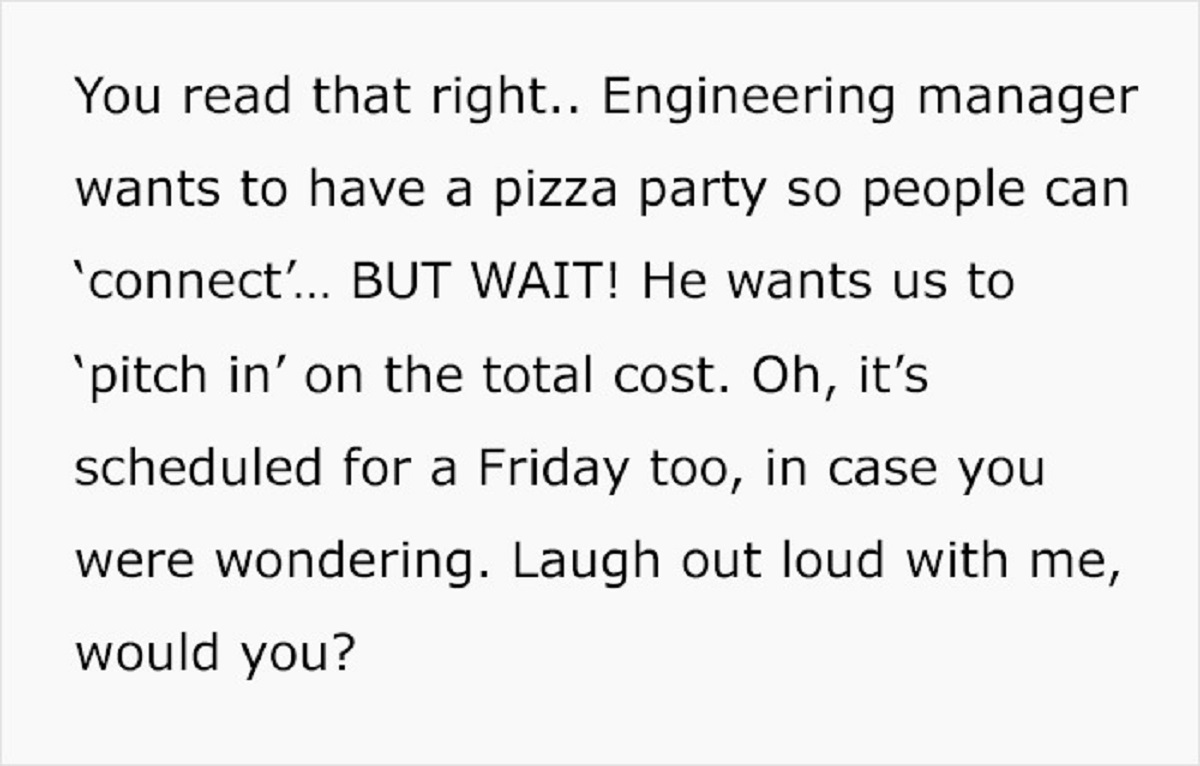 Pizza Party, But Employees Will “Pitch In On The Cost”