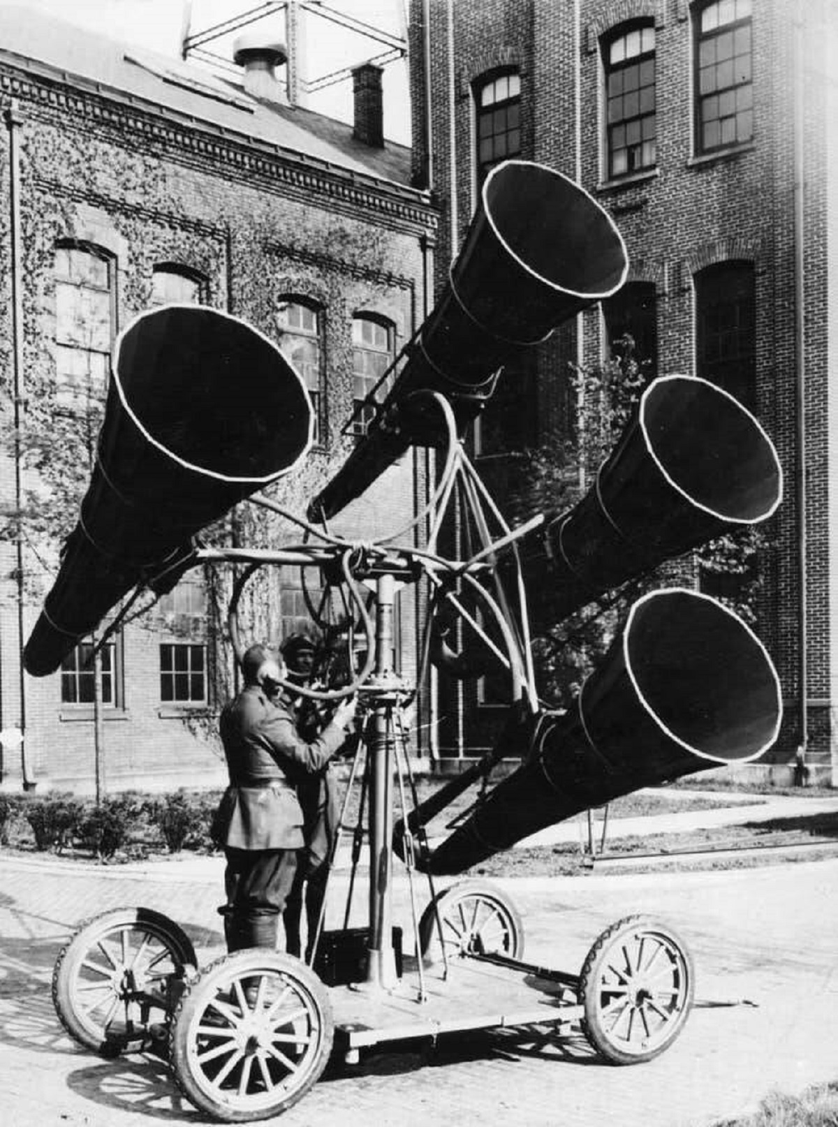 Before the invention of radar, this is one way people used to listen to and detect enemy planes: