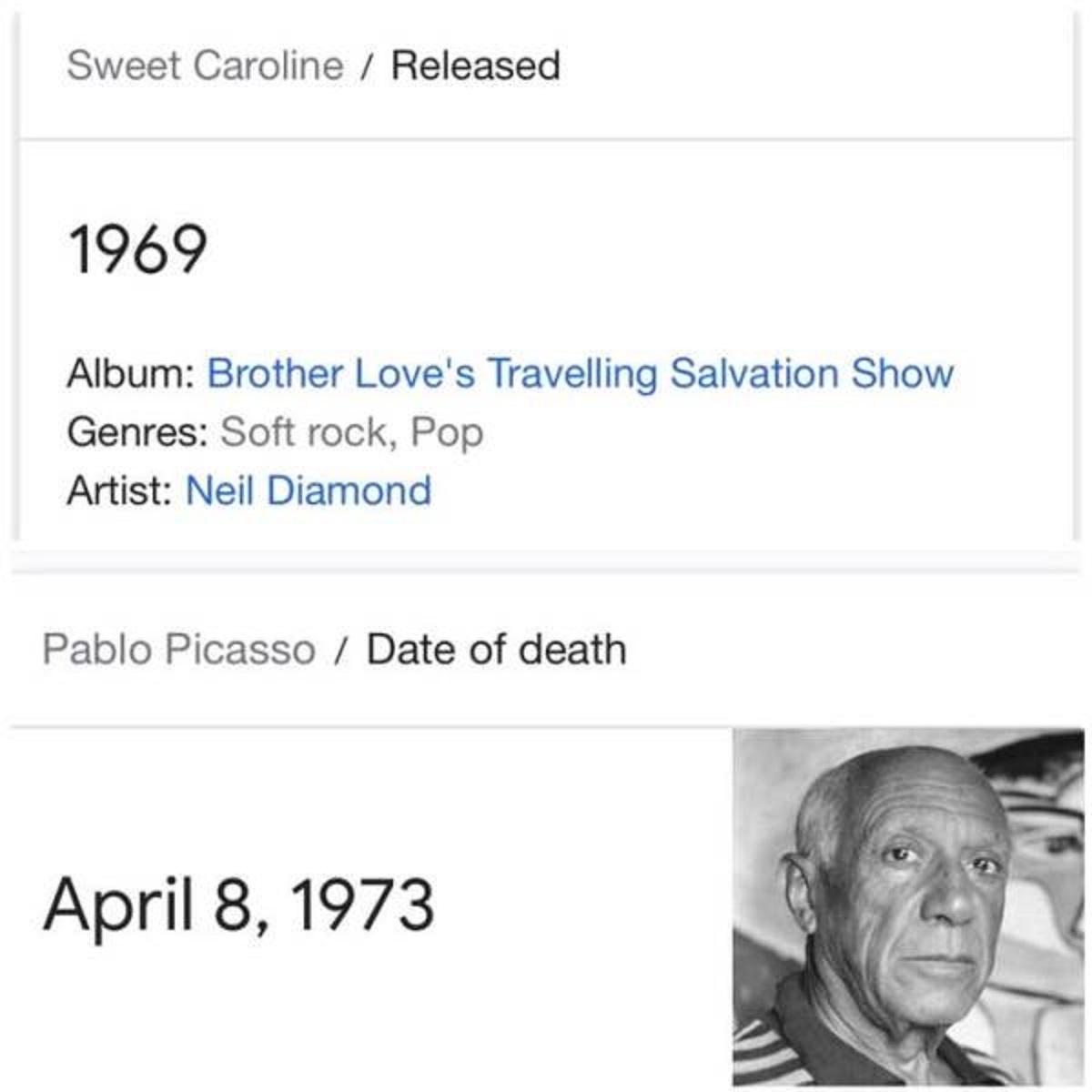 There is a very real chance that Pablo Picasso listened to the song "Sweet Caroline":