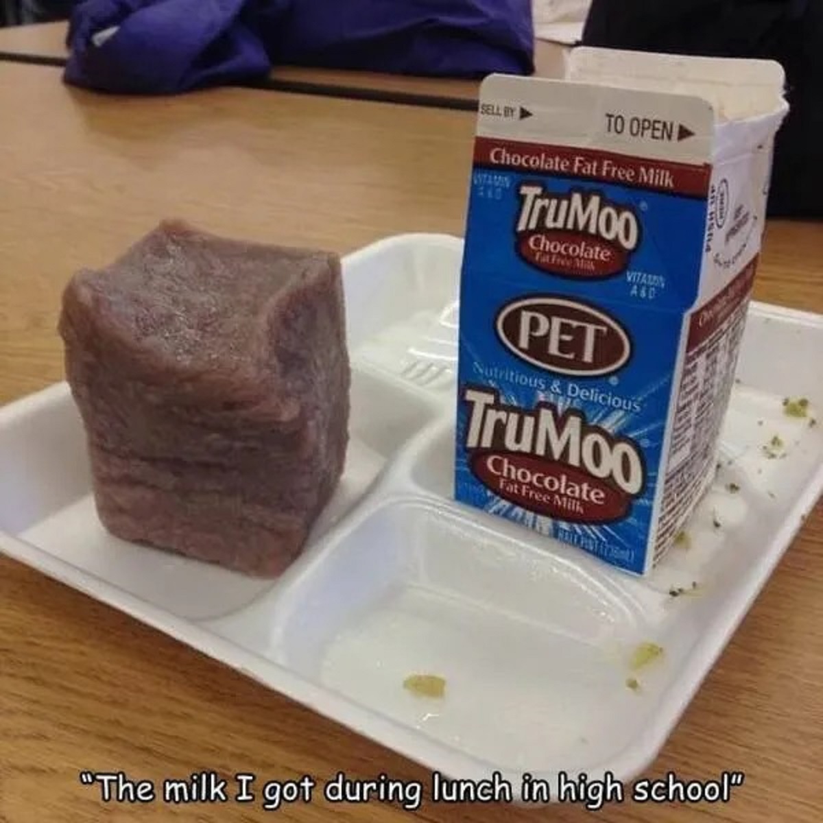 school lunch milk - Sell By To Open I Chocolate Fat Free Milk Witamin TruMoo Chocolate Fat Free Mas Pet Vitaln A&D Nutritious & Delicious TruMoo Chocolate Fat Free Milk "The milk I got during lunch in high school"