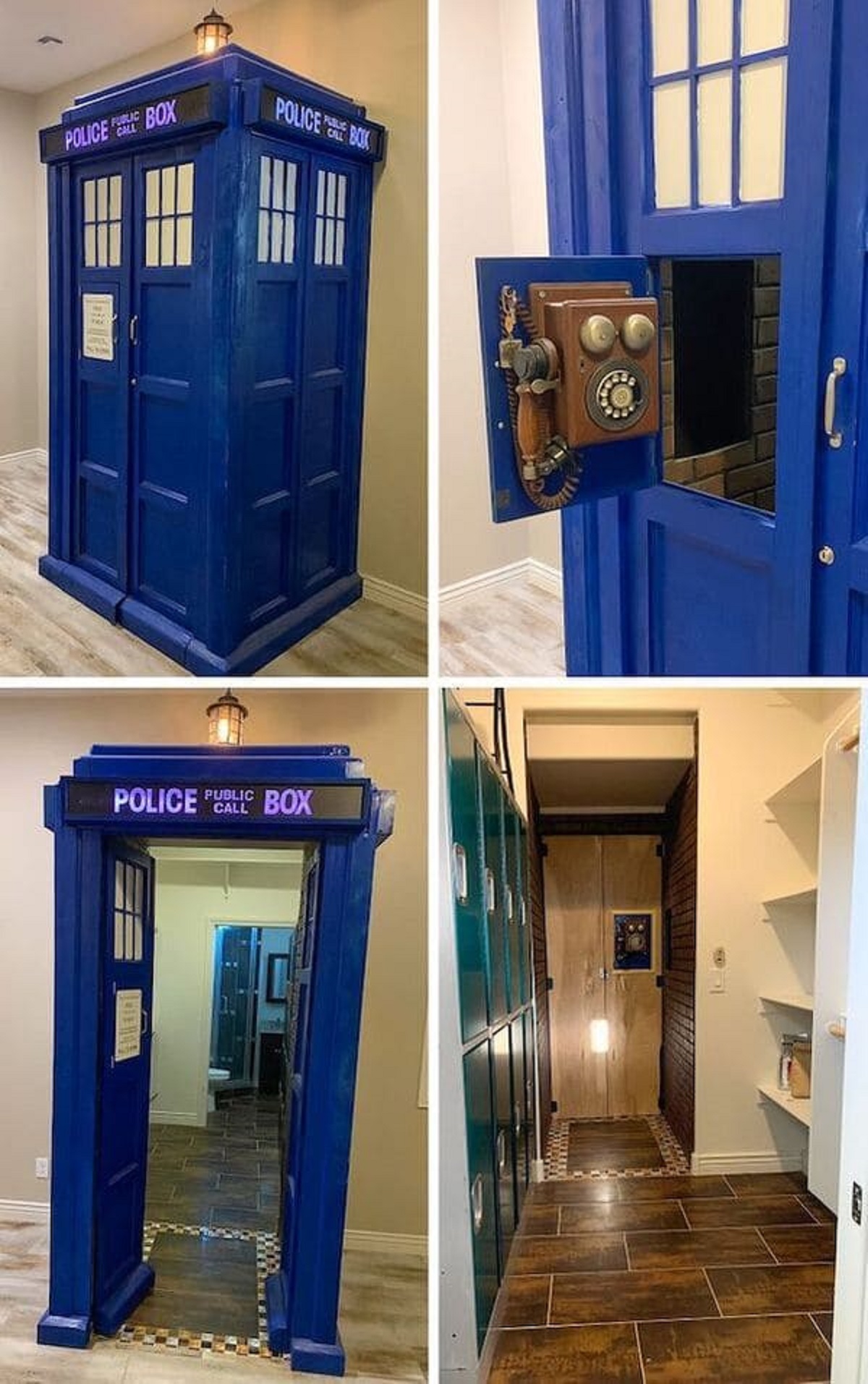 “A secret closet entrance: a Doctor Who TARDIS. Our son always wanted a secret room so I built this TARDIS. Found some lockers that a school was going to throw out and made a sweet walk-in closet to the bathroom.”