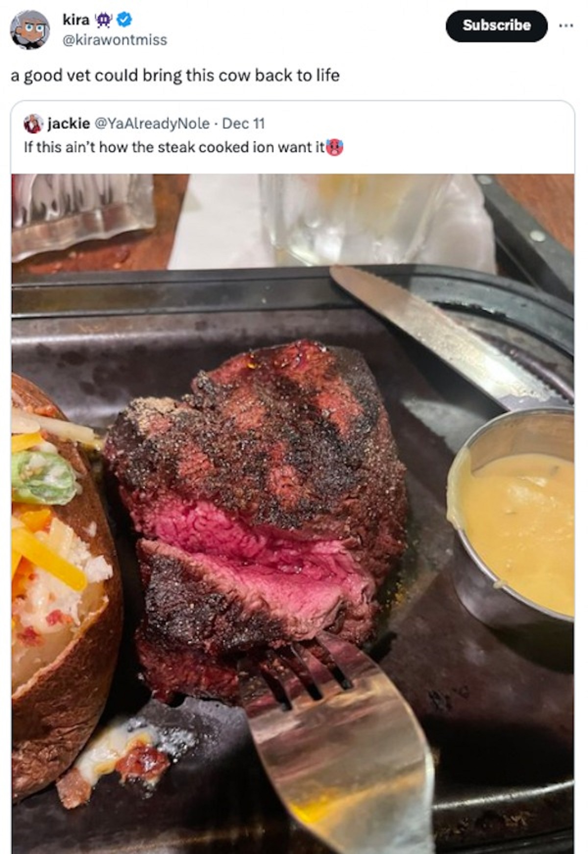 roast beef - kira a good vet could bring this cow back to life jackie Dec 11 If this ain't how the steak cooked ion want it Subscribe
