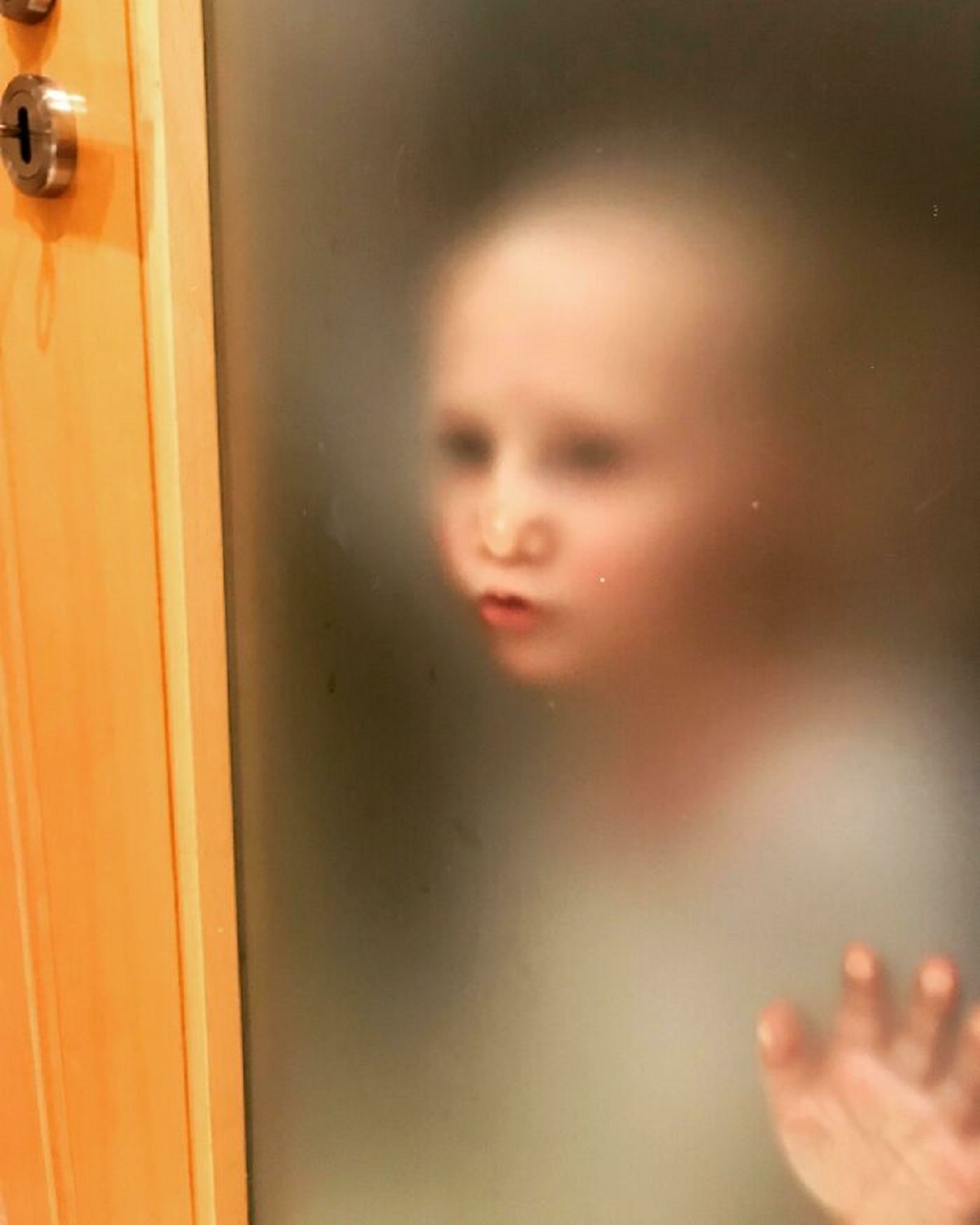 Our Airbnb Had A Translucent Bathroom Door. I’m Used To My Impatient Toddler Stalking Me Through The Door, But This Took It To A Much Creepier Level