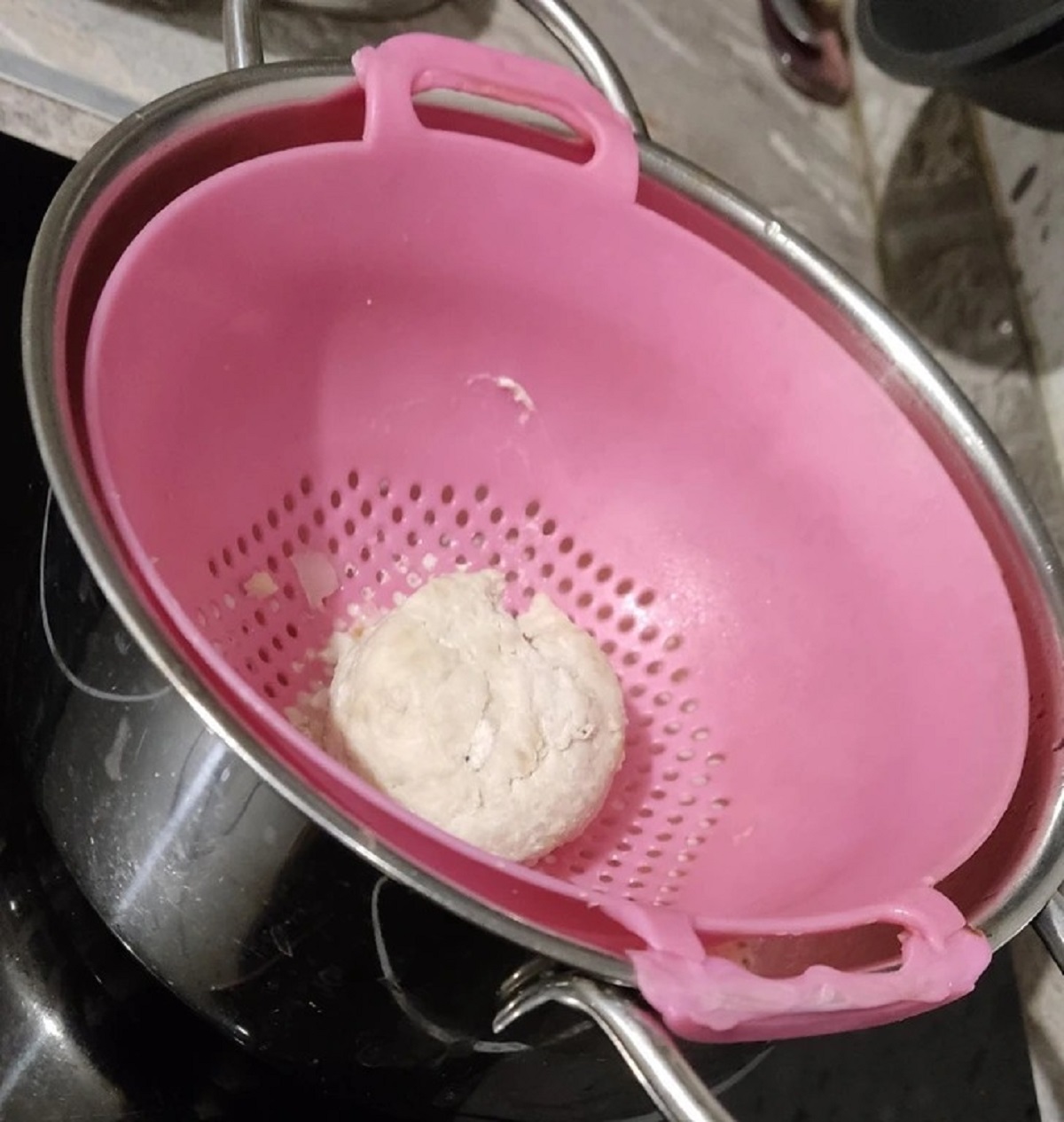 “Grandma used the plastic colander to steam a meatball yesterday. Today she did it again.”