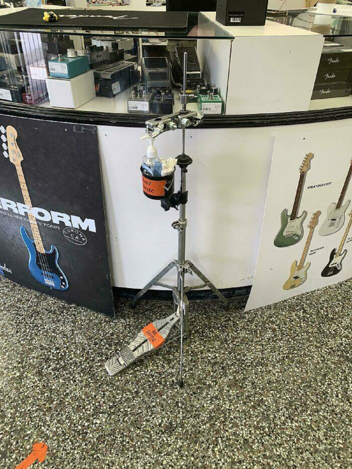 "A Drum Pedal Was Repurposed To Provide A Zero-Contact Hand Sanitizer Station"