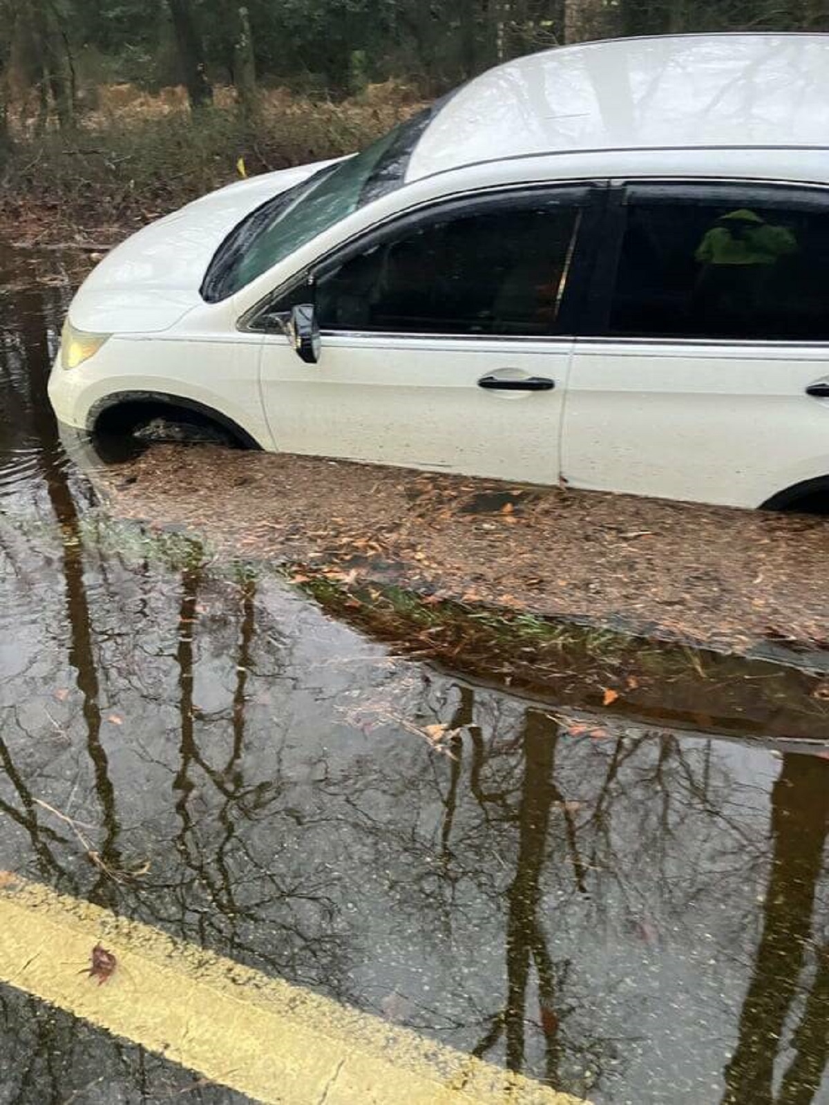 "I hydroplaned into a ditch on the way to work."