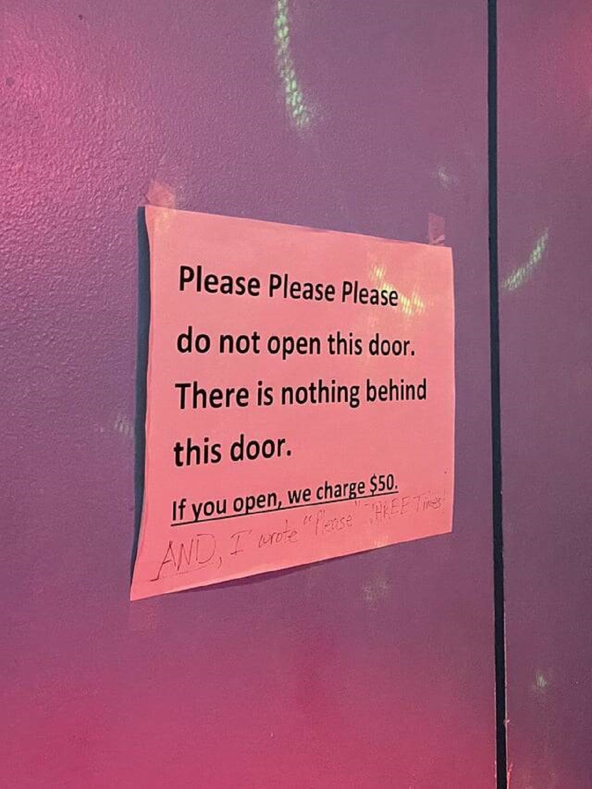 "This sign in a karaoke room imploring patrons not to open a door"