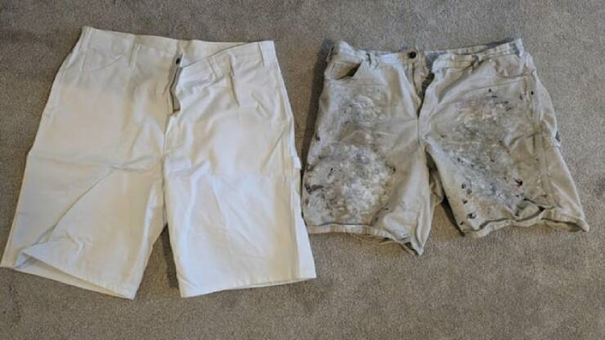"New shorts vs. 4 months of use as a painter"