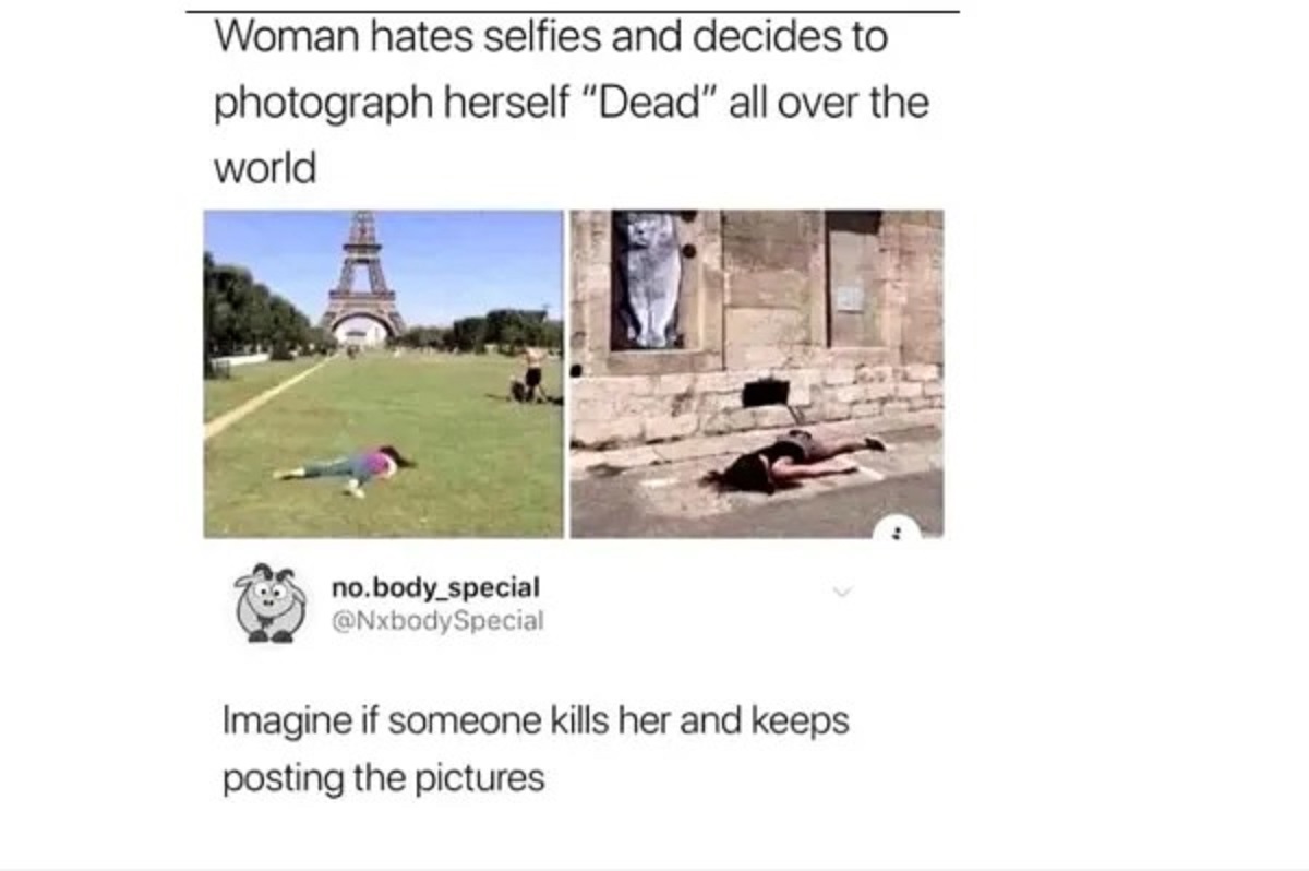grass - Woman hates selfies and decides to photograph herself "Dead" all over the world no.body_special Imagine if someone kills her and keeps posting the pictures