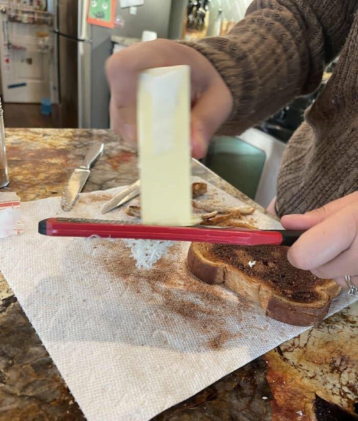 "I’ve been married to my wife for 11 years, and she just taught me that if I use a cheese grater on a cold stick of butter, it’s easier to spread on toast and muffins."