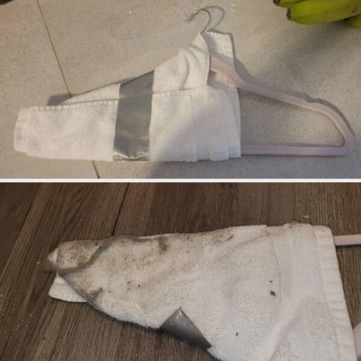 "Duct tape a washcloth around a hanger to clean under your fridge and stove."