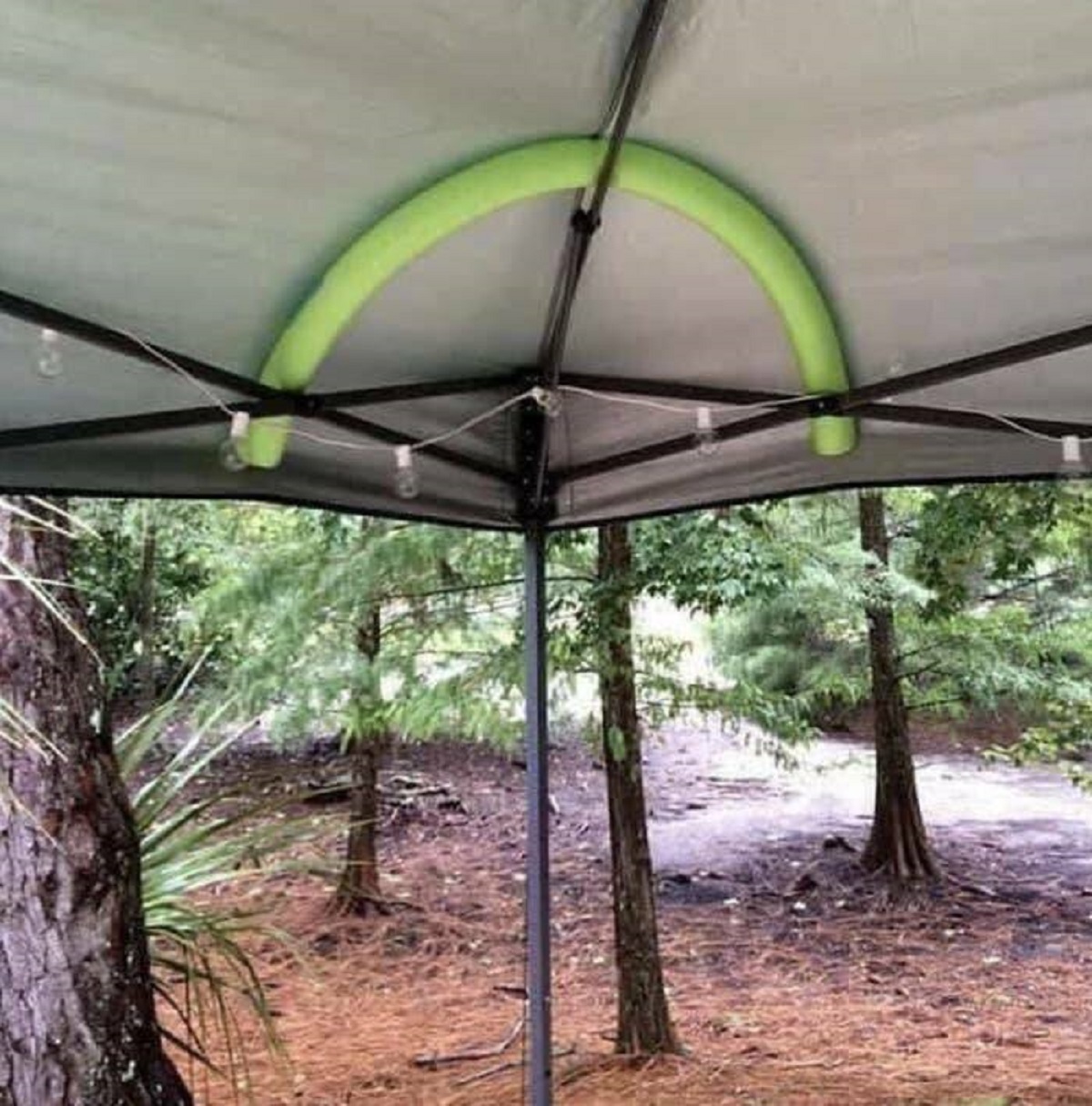 "A pool noodle placed in the corners of a pop-up tent will keep rainwater from pooling around the supports."